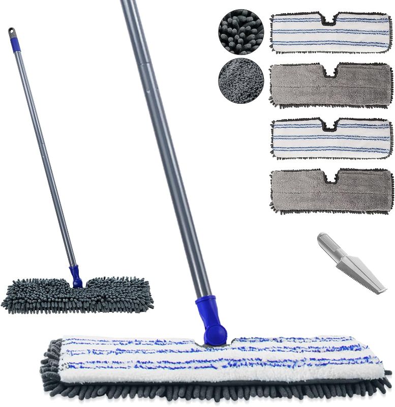 Photo 1 of Masthome Flat Dust Mop,Microfiber Flip Mop with 4 Washable Mop Pads and 1 Cleaning Scraper,Wet Dry Mop for Hardwood Laminate Ceramic Marble Tile Floor Cleaning,Blue
