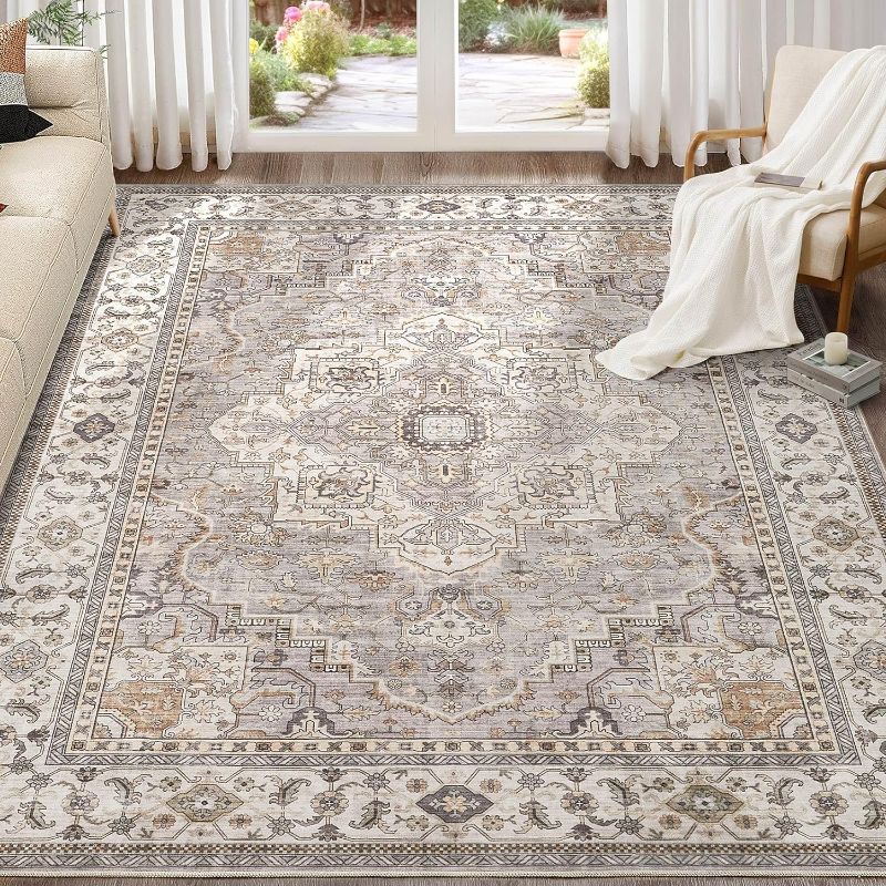 Photo 1 of Washable Area Rugs for Living Room - 8x10 Neutral Vintage Distressed Floral Farmhouse Boho Large Soft Floor Rug Indoor Non Slip Carpet for Living Room Bedroom Dining Room Office - Grey
