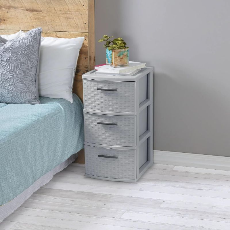 Photo 1 of 3-Drawer Wide Weave Design Storage Tower, Gray Frame & Drawers w/Driftwood Handles, Brown, Case of 1 (Gray)
