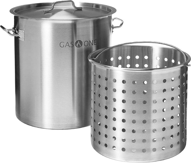 Photo 1 of GasOne Stainless Steel Stockpot with Basket – 64qt Stock Pot with Lid and Reinforced Bottom – Heavy-Duty Cooking Pot for Deep Frying, Turkey Frying, Beer Brewing, Soup, Seafood Boil – Satin Finish
