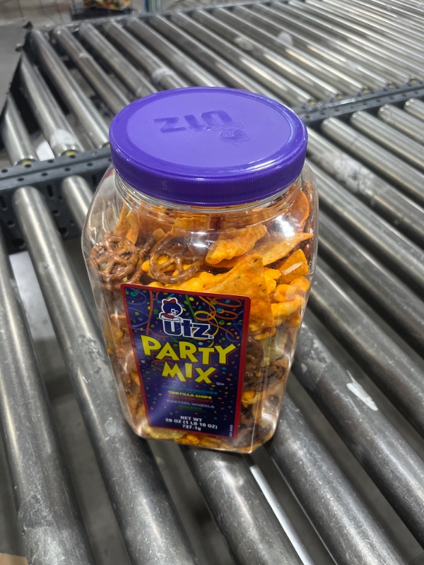 Photo 2 of Utz Party Mix - 26 Ounce Barrel - Tasty Snack Mix Includes Corn Tortillas, Nacho Tortillas, Pretzels, BBQ Corn Chips and Cheese Curls, Easy and Quick Party Snacks, Cholesterol Free and Trans-Fat Free --- EXP. 06-24-2024