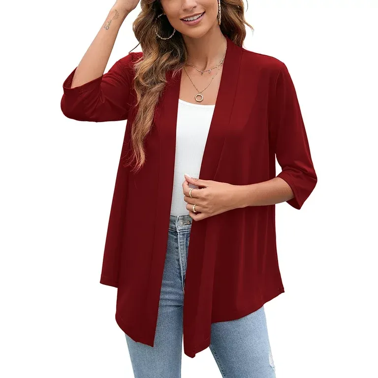 Photo 1 of large---Long Lightweight Cardigans for Women Casual Open Front Sweater Long Sleeve Irregular Hem Tops with Pockets Wine Red --- SIZE L