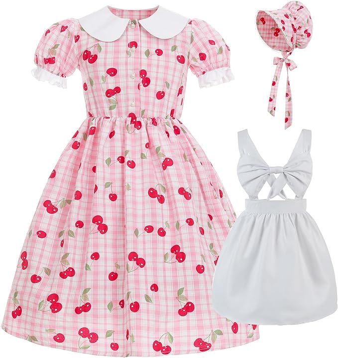 Photo 1 of NSPSTT Girl Pioneer Costume Prairie Dresses for Girls Floral Colonial Dress Girl 1800s Dress Cherry Pink Small