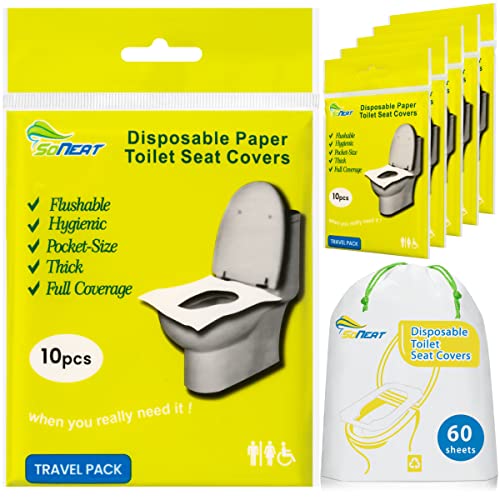 Photo 1 of Disposable toilet seat covers - 60 sheets of XL flushable paper toilet seat covers for adults and kids potty training - travel essential for airplane, road trips, camping and in public restrooms.