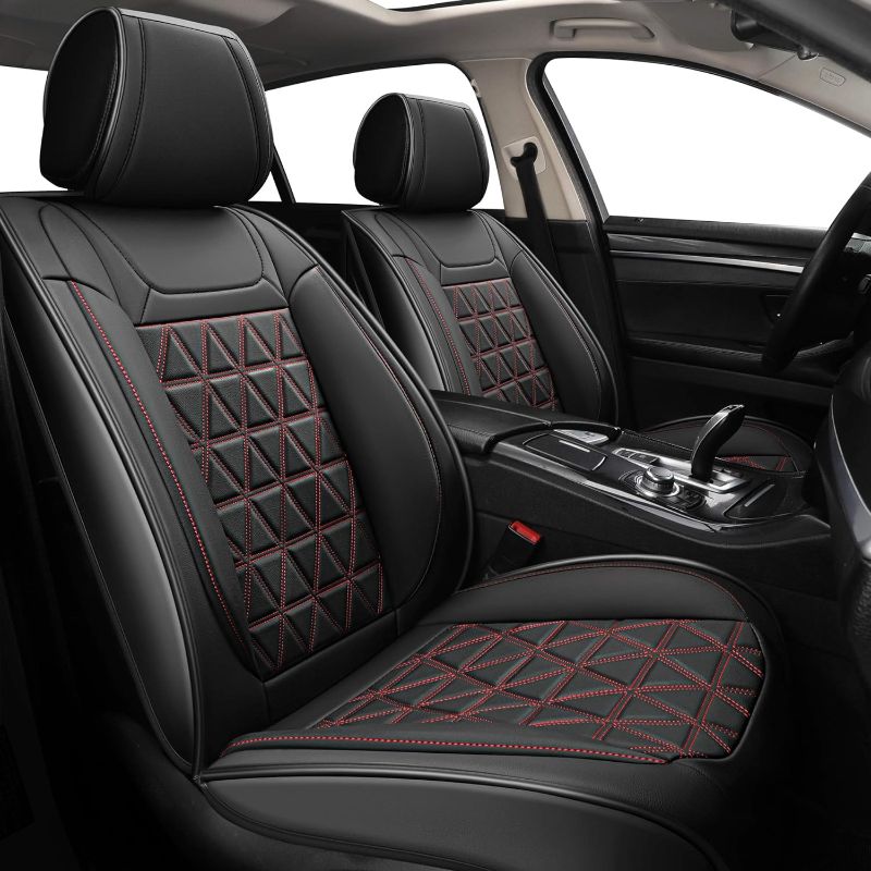 Photo 1 of Front Car Seat Covers - 2 PCs Faux Leather Non-Slip Vehicle Cushion Cover, Waterproof Car Seat Protectors Automotive Interior Seat Covers for SUV Cars Pickup Truck,Black, STITCHING DIFFERS SLIGHTLY FROM STOCK IMAGE