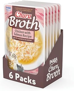 Photo 1 of INABA Churu Broth Treats for Cats, Shredded Chicken & Creamy Broth with Vitamin E, 1.4 Ounces per Pouch, 8.4 Ounces Total (6 Servings), Chicken with Salmon Recipe est date 07/10/2024