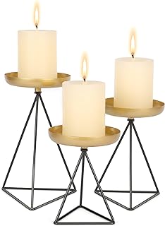 Photo 1 of Candle Holders for Pillar Candle - 3Pcs Matte Black&Gold Candlestick Holders Metal Geometric Candle Stands for Wedding Party Festive Decor on Table Mantelpiece Fit for Candles of 2-3 Inches Diameter Blackgolden