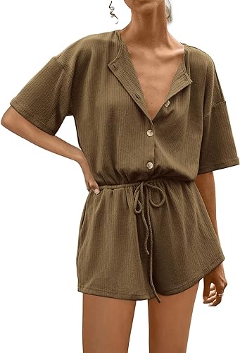 Photo 1 of PRETTYGARDEN One Piece Short Rompers for Women Summer Dressy Button Up Short Sleeve Summer Jumpsuit Cute Stretchy Jumpsuits (Army Green, X-Large)
