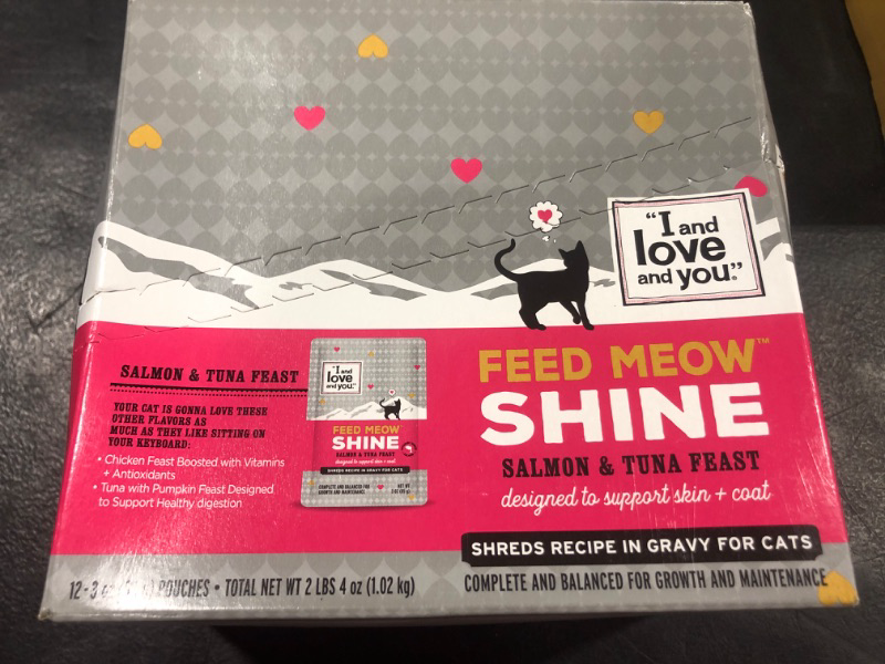 Photo 1 of "I and love and you" Feed Meow Shine Wet Cat Food - Salmon + Tuna - Coat and Skin Support, Grain Free, Shreeded, No Fillers, 3oz Pack of 12 est date 07/26/2024