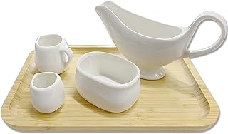 Photo 1 of Sugar and Creamer Sets, Ceramic Pitcher, Creamer Pitcher with Handle, Sweetener Holder with Wooden Tray, Classic White Pitcher for Coffee Milk