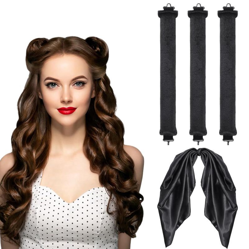 Photo 1 of No Heat Hair Curler Overnight No Heat Curls Blowout Rod Headband for All Hair Types Flexi Rods with Hook No Heat Curling to Sleep for Curl Rods,Women Long Hair Styling Tools (Black)