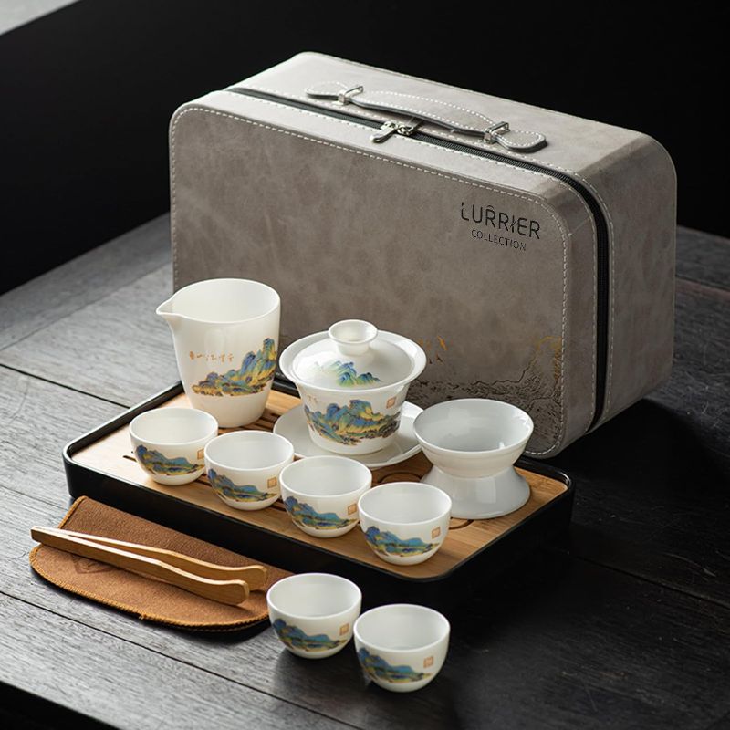 Photo 1 of LURRIER Gongfu tea sets, Portable Ceramic TeaSet, Asian Tea sets for adult, Tea Gift sets, Grey leather case, Portable Travel Bag,Home,Gifting,Outdoor and Office(White Jade Thouand Mile and Mountain)
