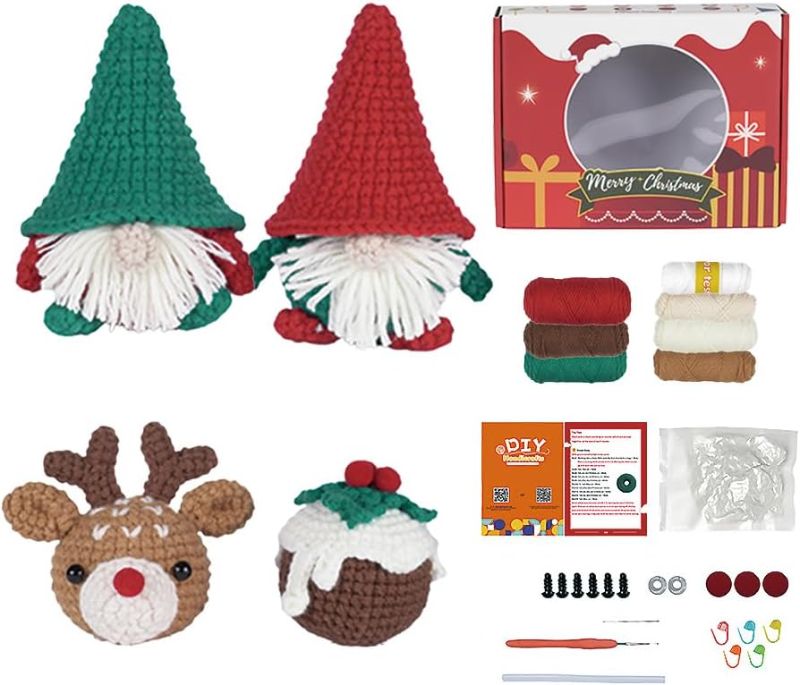 Photo 1 of Christmas Crochet Kit for Beginners with Crochet Yarn-Knitting & Crochet Supplies with Step-by-Step Video Tutorials-DIY Craft Art(4 PCS Christmas Set) (red) (red) (red)
