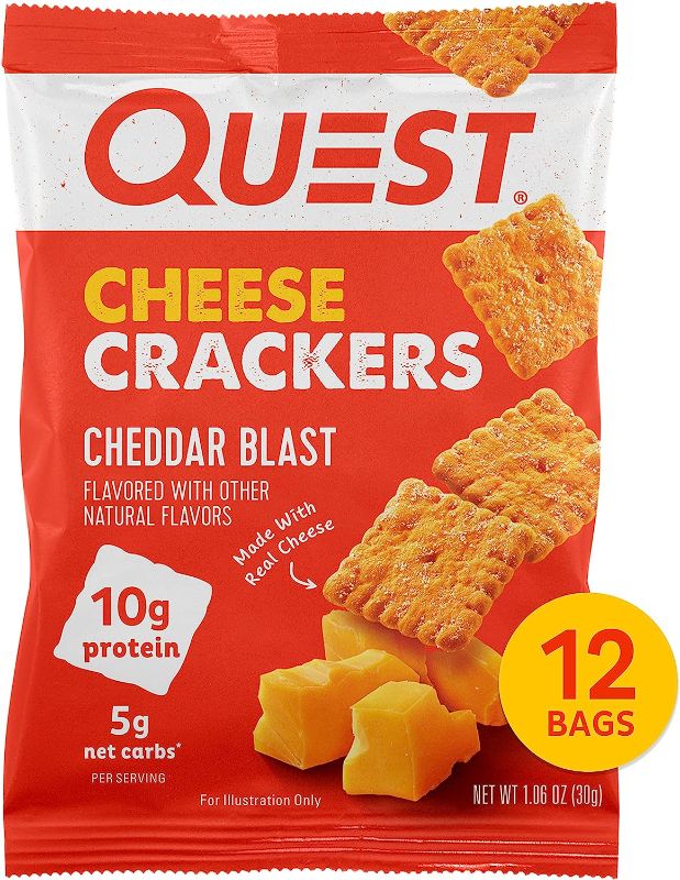 Photo 1 of Quest Nutrition Cheese Crackers, Cheddar Blast, High Protein, Low Carb, Made with Real Cheese, 12 Packs (1.06 oz bags) BEST BY 10/3/24
