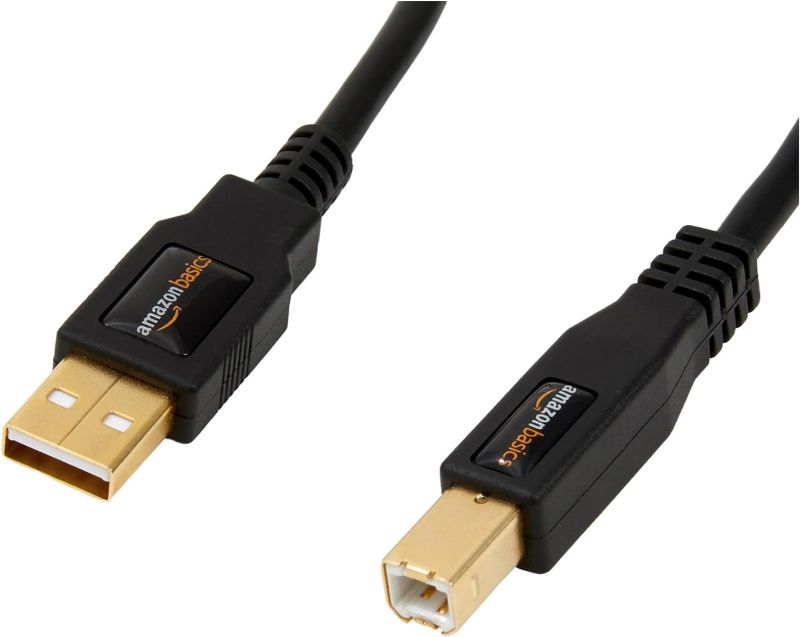 Photo 1 of Amazon Basics USB-A to USB-B 2.0 Cable for Printer or External Hard Drive, Gold-Plated Connectors, 16 Foot, Black
