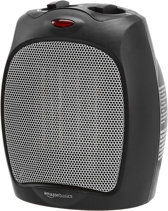 Photo 1 of Amazon Basics 1500W Ceramic Personal Heater with Adjustable Thermostat, Black, 7.52"D x 6.34"W x 9.45"H
