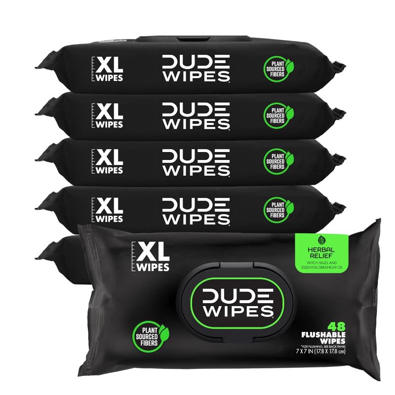 Photo 1 of Dude Wipes - Flushable Wipes - 6 Pack, 288 Wipes - Herbal Relief Extra-Large Wet Wipes - Witch Hazel & Geranium Essential Oils - Septic and Sewer Safe Butt Wipes For Adults
