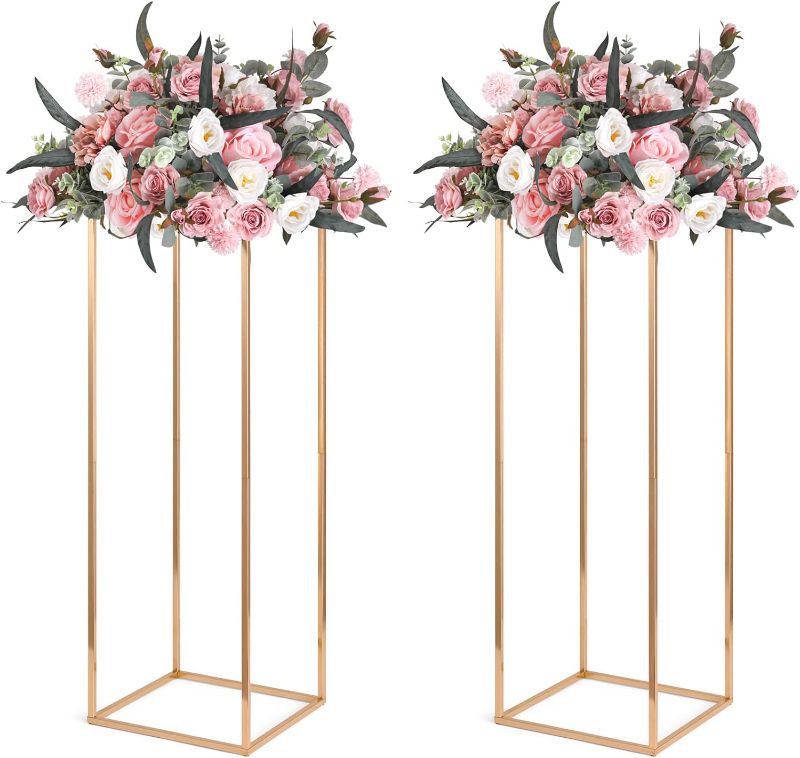 Photo 1 of Gold Wedding Flower Stands, Set of 2 Metal Vases Column Geometric Wedding Table Display Centerpieces 31½ inches Tall Floral Decoration Holders for Wedding Party Decor
