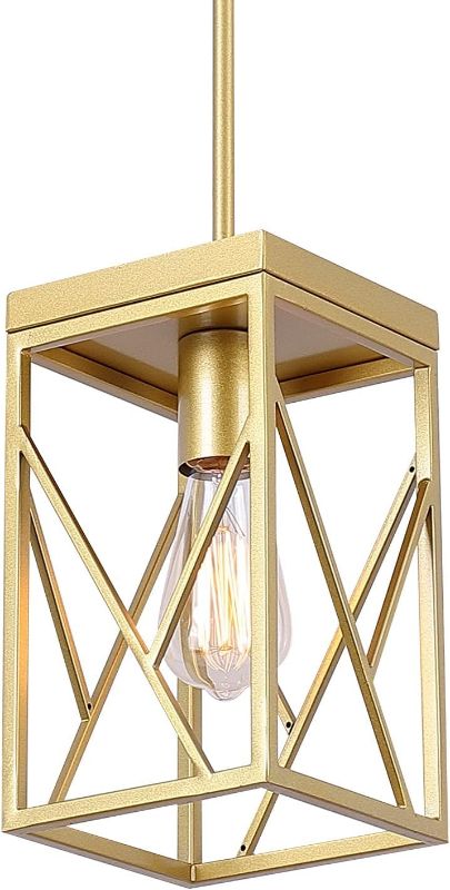 Photo 1 of Modern Gold Pendant Light with Metal Cage, One-Light Adjustable Rods Mini Pendant Lighting Fixture for Kitchen Island Cafe Bar Farmhouse
