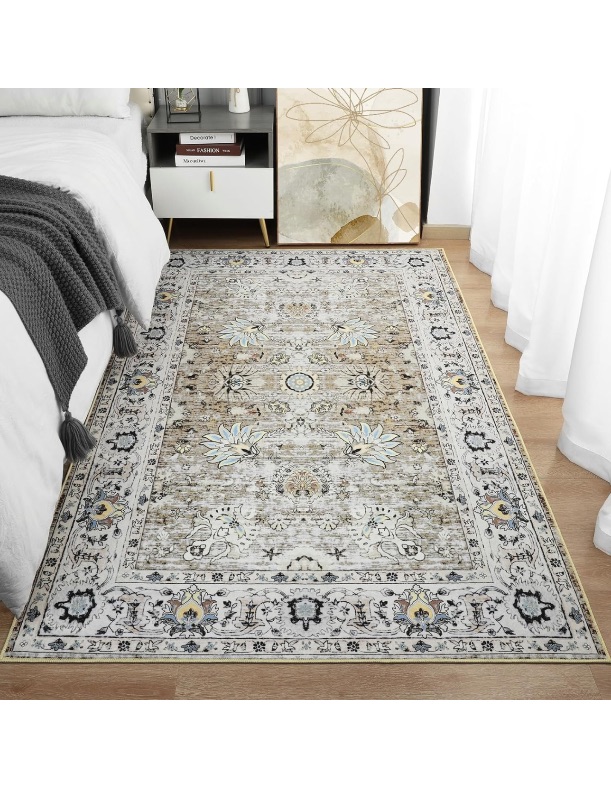 Photo 1 of Machine Washable Rug 4x6 Area Rug, Boho Rugs for Bedroom Bedside Living Room Dining Room Office, Anti Slip Low-Pile Stain Resistant Printed Vintage Floral Carpet, Taupe