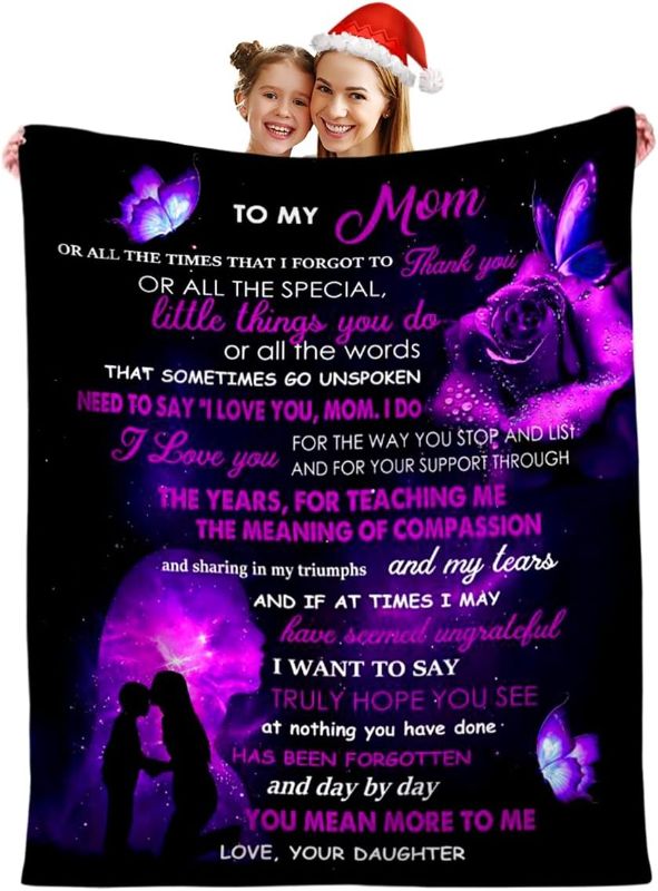 Photo 1 of Personalized Blanket Gifts for Mom Dad, Cozy Fleece Sofa Throw Blankets for Christmas Anniversary Valentines Birthday Day (to Mom from Daughter-Black Purple, 60" x 50")
