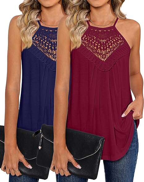 Photo 1 of 2 Pack Womens Tank Tops Cold Shoulder Tops Women Lace Cami Shirts Sleeveless Tank Tops Spaghetti Cami Vest Shirt - L
