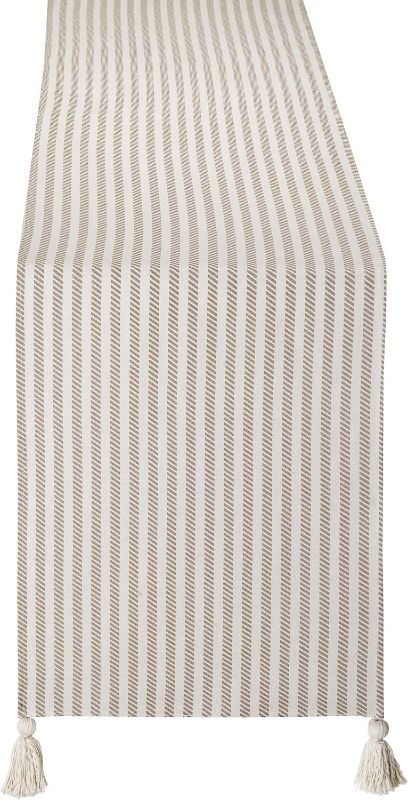Photo 1 of Folkulture Table Runner with Tassels for Home Dining Table, Farmhouse Style Décor or Kitchen Table Runners 108 Inches Long, 100% Cotton Coffee Table Runner for Living Room, 14x108, Beige Stripe
