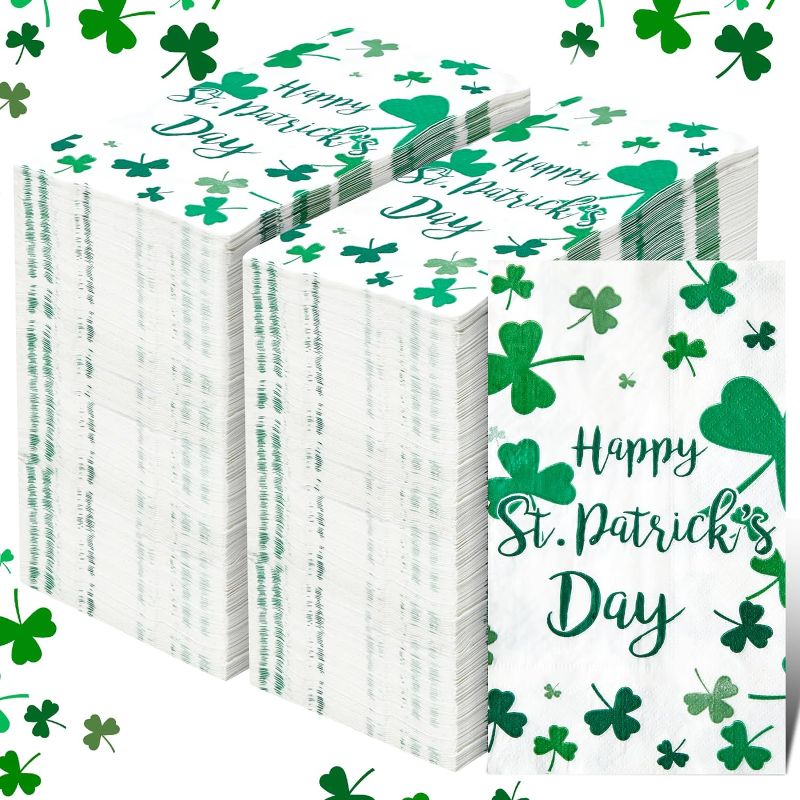 Photo 1 of 200 Pcs St. Patrick's Day Napkins 15.7 x 13 Inch Green Shamrock Paper Napkins Clover Disposable Dinner Napkins Cocktail Napkins for Irish Holiday Saint Patrick's Party Event Supplies
