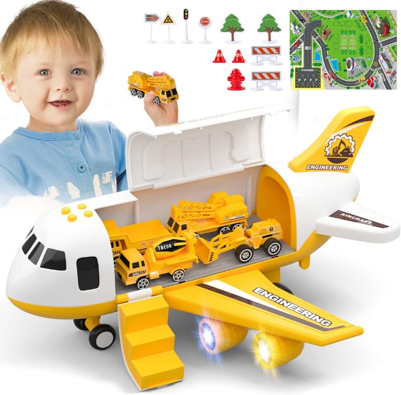 Photo 1 of UNIH Toddler Airplane for 2 3 4 5 Year Old Boys & Girls, Kids Toys Plane with Lights and Sounds, Transport Cargo Airplane with 4 Construction Cars
