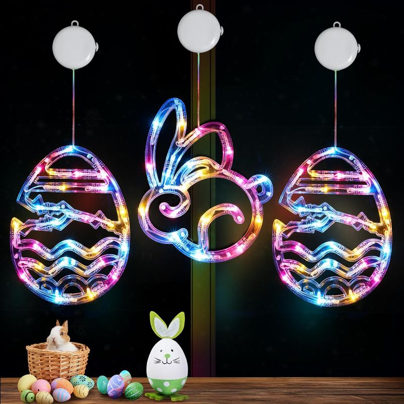 Photo 1 of (New) Easter Decoration Lights, Egg Bunny Easter String Lights, Plastic Easter Lights with Timer and Suction Cup, Easter Window Hanging Silhouette Lights for Indoor, Party, Windows Decor - 3 Pack
