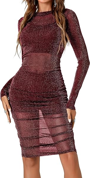 Photo 1 of Women's 3 Pcs Glitter Mesh Dress Long Sleeve Bodycon Outfits with Cami Shorts - s
