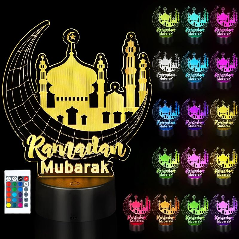 Photo 1 of Ramadan Mubarak Night Lights,16 Colores Eid Al Fitr Lights Decorations, Islam 3D LED Light with Remote Control for Bedroom Home Eid Al Fitr Party Muslim Friends Gifts(Character Style)
