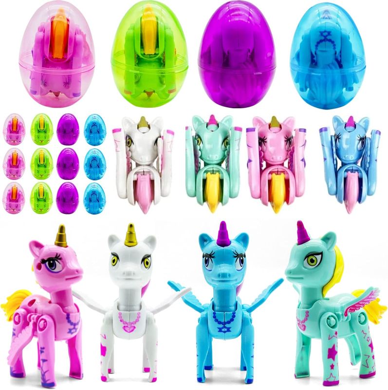 Photo 1 of 12Pcs Prefilled Easter Eggs with Unicorn Deformation Toys,Easter Basket Stuffers Fillers, Easter Party Favors for Kids, Easter Gifts for Kids,Classroom Easter Prizes,Easter Eggs Hunt
