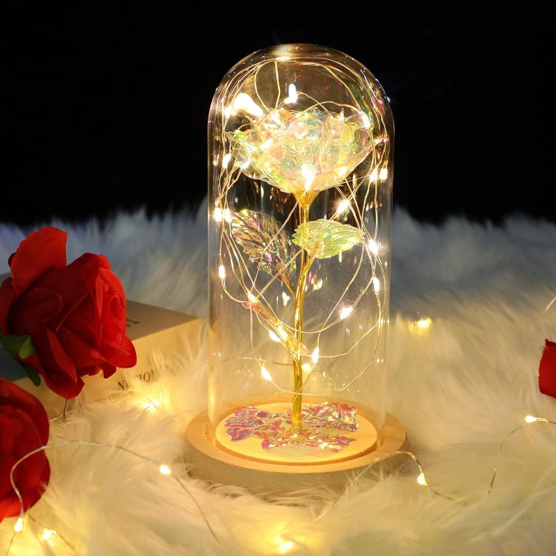 Photo 1 of Mothers Day Rose Gifts for Mom, Valentines Day Gifts Birthday Gifts for Women Girlfriend, Colorful Artificial Flower Galaxy Rose in Glass Dome with LED Light for Wife Grandma on Anniversary, Wedding

