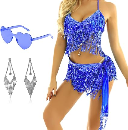 Photo 1 of SHENJIPPC 4 PCS Sparkle Fringe Sequin Skirt Belly Dance Hip Scarf Rave Party Costume Skirt with Bra Sunglasses Earrings