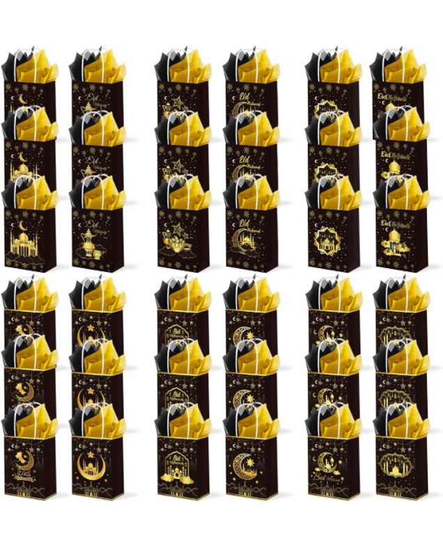 Photo 1 of ORNACELE 36PCS Eid Mubarak Gift Bags with 48pcs Black Gold Tissue Paper, Goodie Bags, Ramadan Mubarak Candy Bags, Gift Bags for Kids, Treat Bags for Eid Event Muslim Birthday Party Favor Supplies