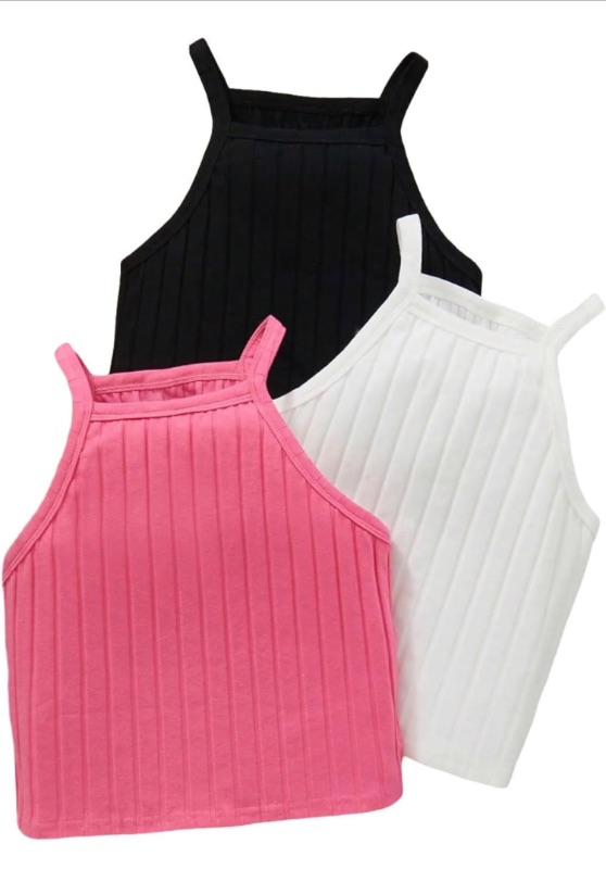Photo 1 of Girl's 3 Piece Solid Ribbed Knit Crop Tank Top Casual Slim Fit Halter Top Cropper