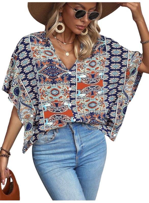 Photo 1 of SOLY HUX Women's Boho Print V Neck 3/4 Bell Sleeve Button Front Summer Blouse Top