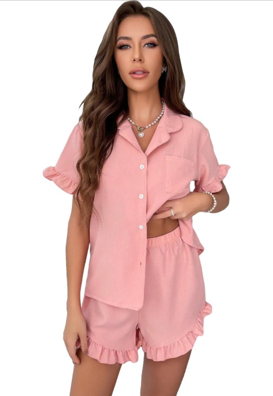 Photo 1 of SHENHE Women's 2 Piece Sleepwear Ruffle Button Short Sleeve Top and Shorts Cute Pajama Set
