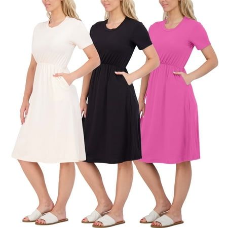 Photo 1 of Real Essentials 3-Pack: Women S MIDI Short Sleeve Soft T-Shirt Dress with Elastic Waist (Available in Plus Size)
