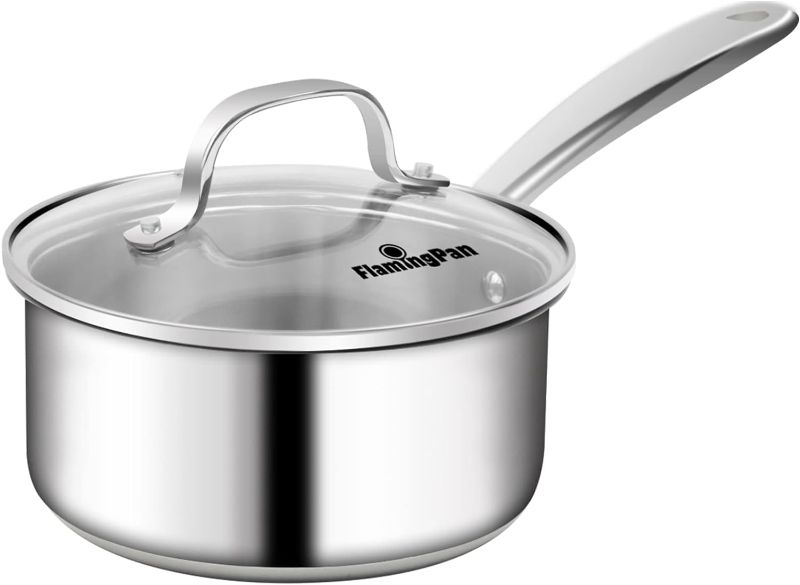 Photo 1 of Flamingpan 1.5QT Stainless Steel Saucepan with Glass Lid, Small Pot for Cooking Soups, Sauces, Durable, Rust-Resistant & Non-discoloring Pot with Lid, Sauce Pan & Easy to Clean
