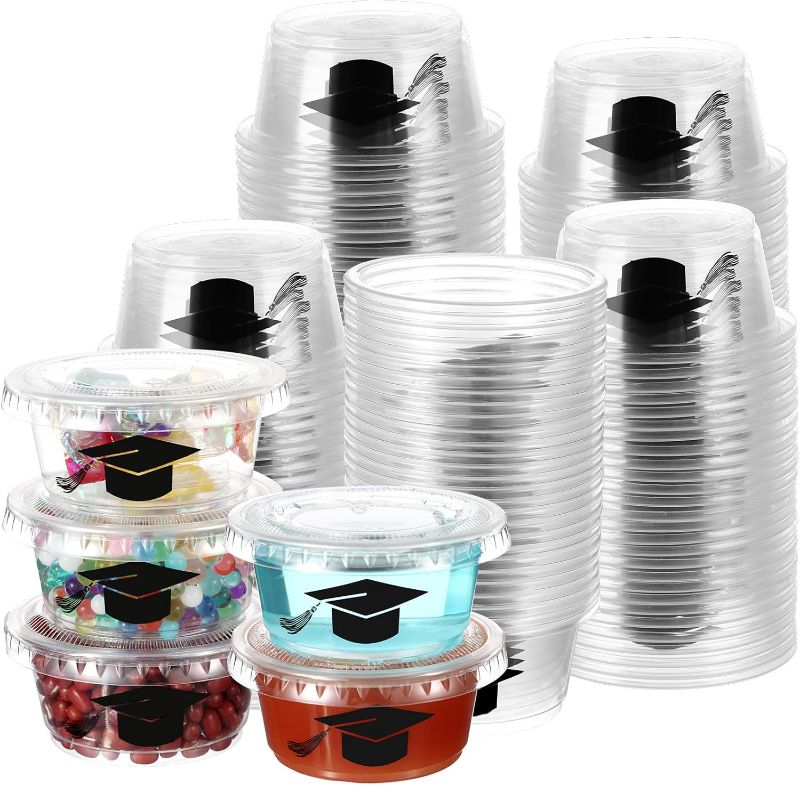 Photo 2 of 100 Sets Jelly Shot Cups with Lids Graduation Plastic Portion Cups 2 oz Disposable Shot Condiment Cups Congrats Grad Souffle Cups for Graduation Party Dipping Sauces, Snack and Picnics