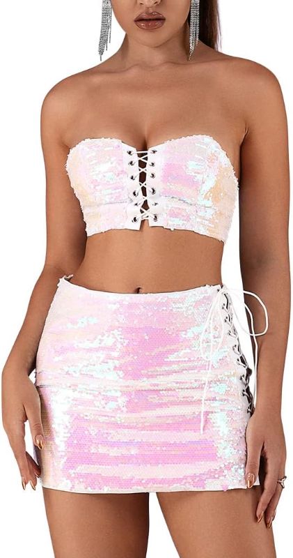 Photo 1 of EVILD Sequins Tie Up Skirt Sparkly Tube Top Glitter Bodycon Skirt Adjustable Party Club Rave Outfit for Women
