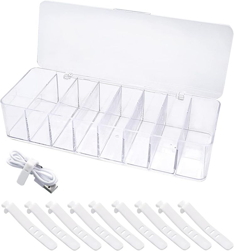 Photo 1 of Data Cable Storage Box with 10 Pcs Wire Ties, 8-Grid Clear Dust-Proof Data Cable Organizer with Lid, Home Office Desk Electronics Management Box
