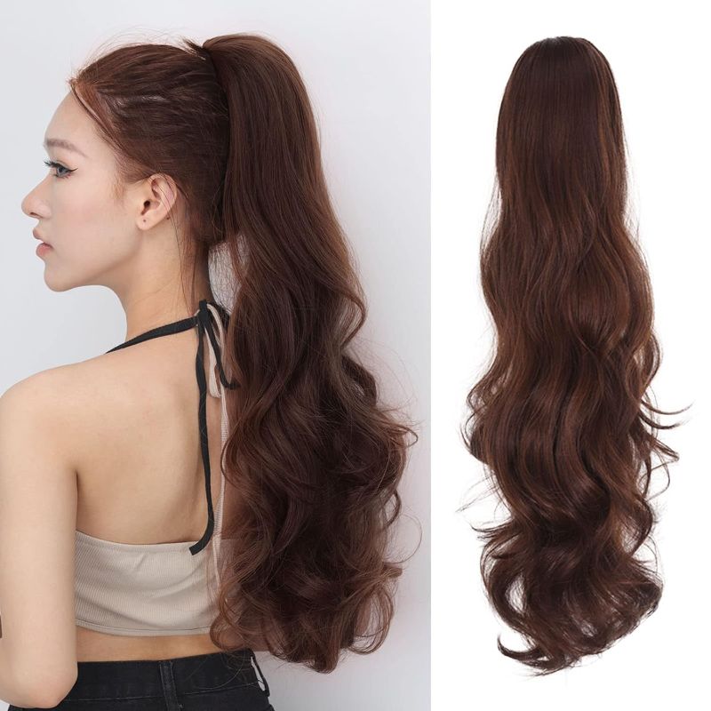 Photo 1 of ponytail Extension Wavy Drawstring Fak Ponytails,Long Body Clip Hair Extensions Pony Tail Hair Pieces For Women Girls (24"-6A/33A-C dark brown, 24 inches)
