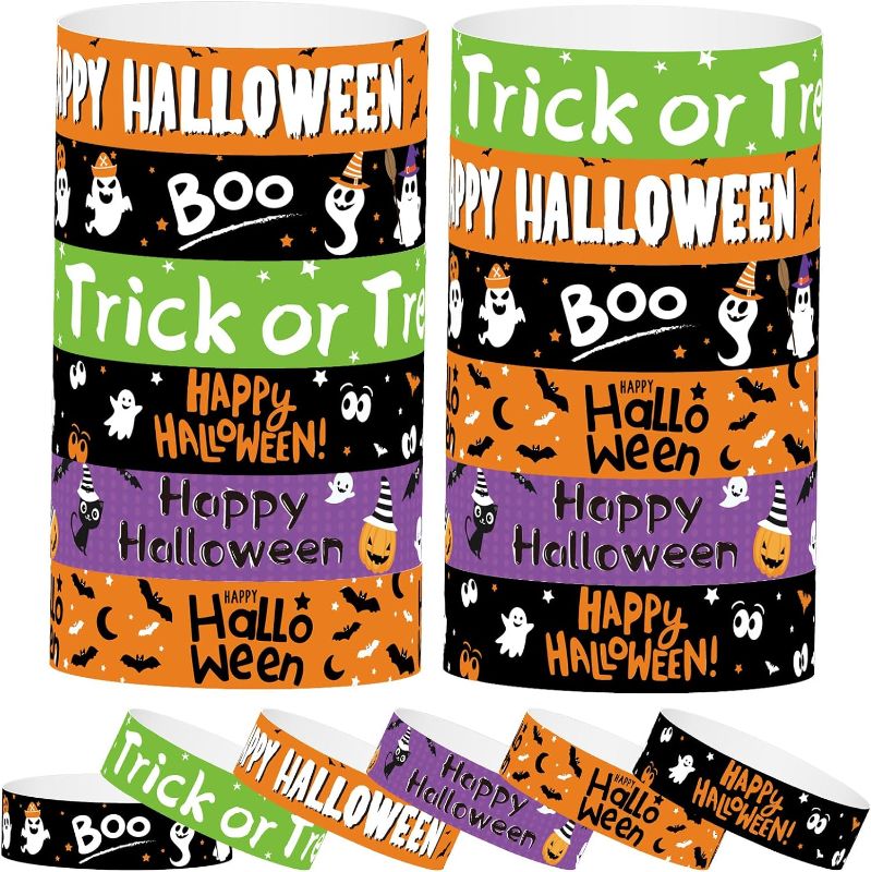 Photo 1 of MIAHART 100 Pieces Paper Wristbands 3/4 inch Halloween Theme Paper Bracelets for Kids Halloween Trick or Treat Party Supplies, 6 Different Designs
