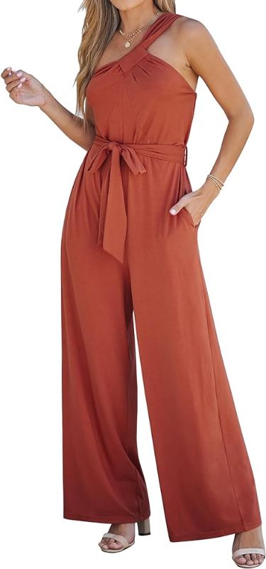 Photo 1 of luvamia One Shoulder Jumpsuits for Women Dressy Casual Wide Leg Baggy Jumpsuit Overalls with Pocket Belted Comfy Long Rompers - S
