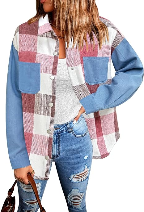 Photo 1 of luvamia Womens Shacket Plaid Flannel Shirt Jean Jacket Denim Button Down Shirts Jackets Fashion Chambray Shackets Loose
