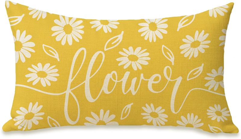 Photo 1 of Spring Summer Daisy Flower Lumbar Decorative Rectangle Pillow Cover 12 x 20, Yellow Floral Porch Patio Outdoor Pillowcase, Farmhouse Seasonal Sofa Couch Cushion Case Home Decor
