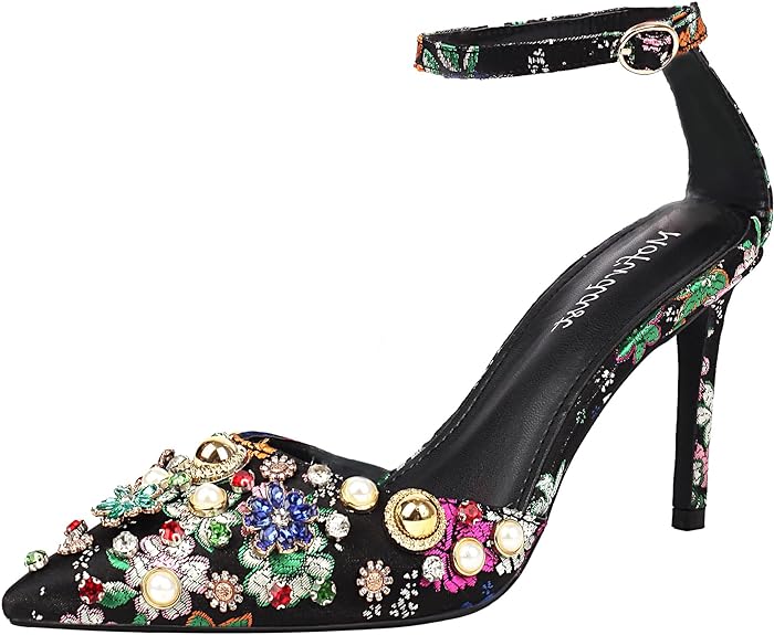 Photo 1 of Women's Colorful Rhinestones Stiletto High Heel Pumps Pointed Closed Toe Heels Ankle Strap Prom Shoes
